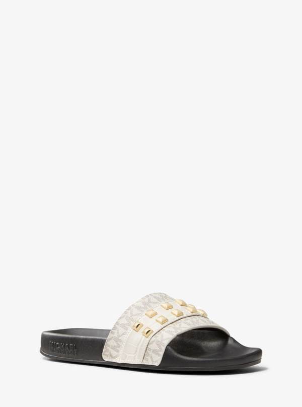 Damske Slapky Michael Kors Brandy Studded Logo and Embossed Leather Krém - Topanky Michael Kors Obchod | QPDEB-2439